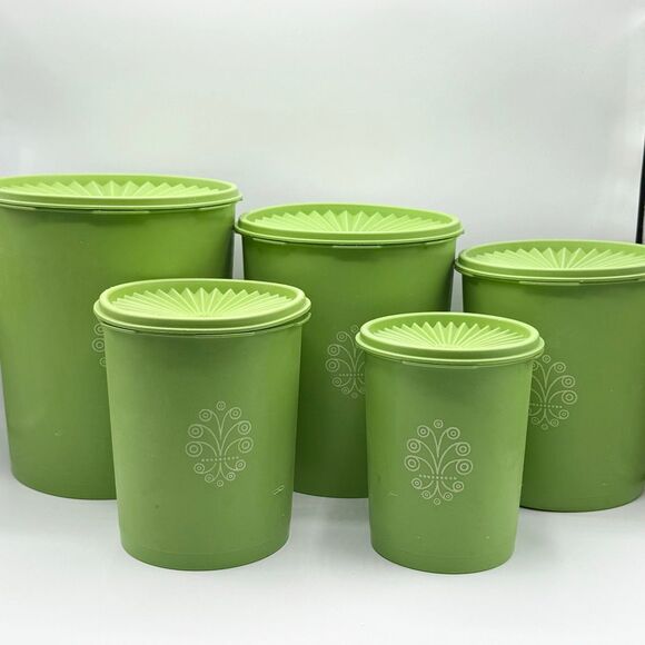 Tupperware Vintage Nesting Stackable Canisters Lot of 5 With Lids - 1970s Green - Picture 1 of 16